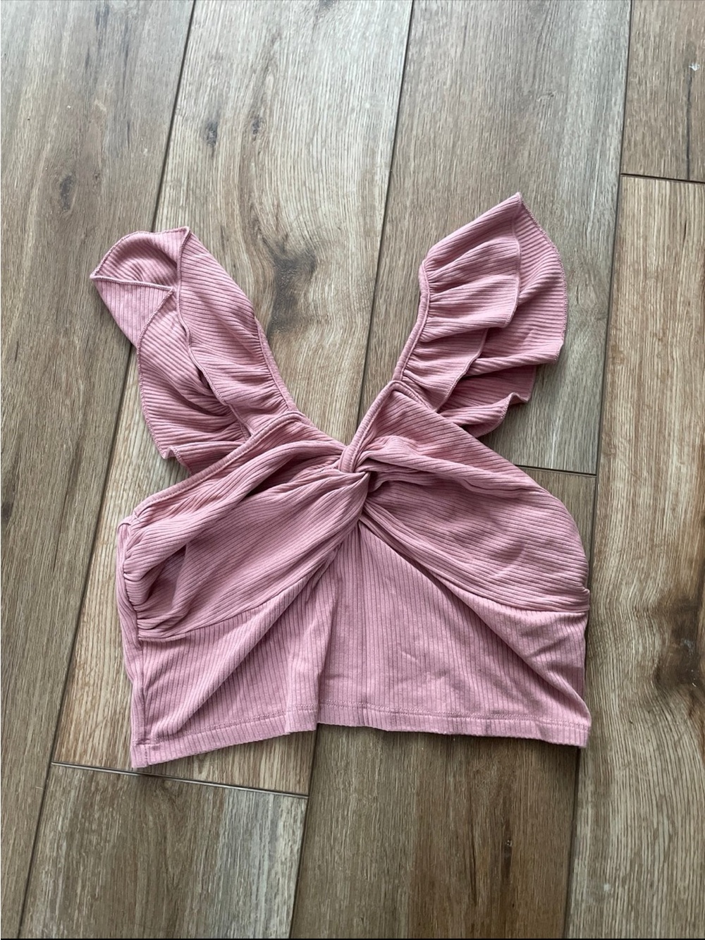Cider Ribbed Twist-Front Pink Crop Top with Ruffle Straps